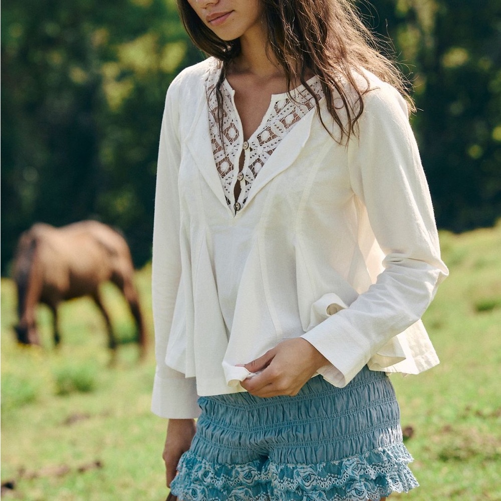 Seas the Day- Free People Lace Trim Blouse